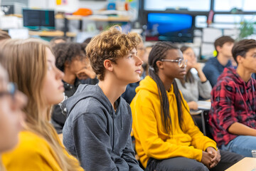 Students attentively listening in a classroom with a monitor and various colors of clothing worn by them .
