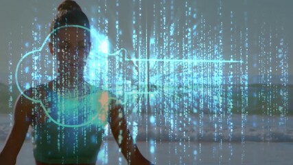 Woman meditating on shore activating cascading blue code forming cloud then key securing data - Powered by Adobe