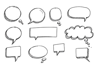 Fototapeta premium Handdrawn speech bubbles circles rectangles cloud shape outlined in black with sketched shadows