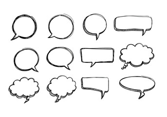 Handdrawn black  white speech bubbles in various shapes with sketchlike outlines
