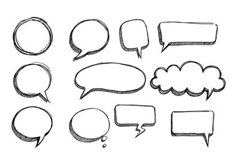 Handdrawn speech bubbles of varying shapes outlined in black with white interiors