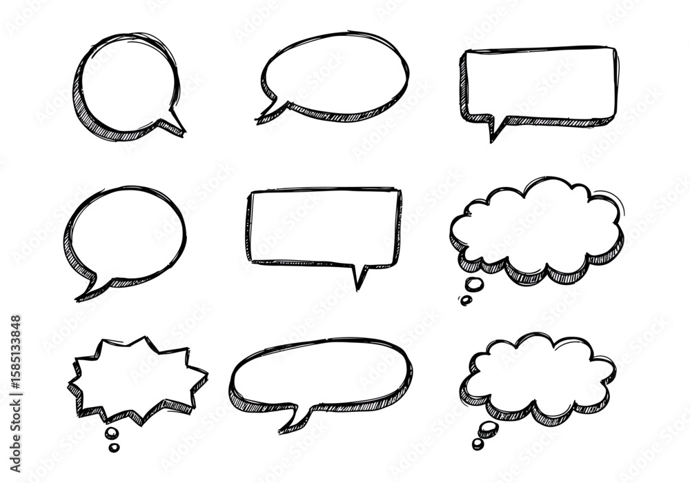 Aufkleber nine handdrawn speech bubbles in various shapes with sketch lines and shadow effects