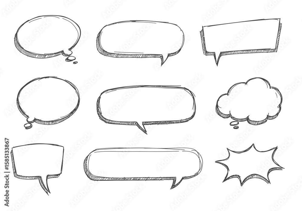 Poster nine handdrawn speech bubbles of various shapes and styles are arranged on a white background