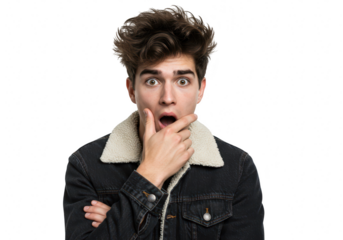 Young man with messy hair reacts with shock and surprise, touching his chin with his hand and eyes wide open, isolated on transparent background