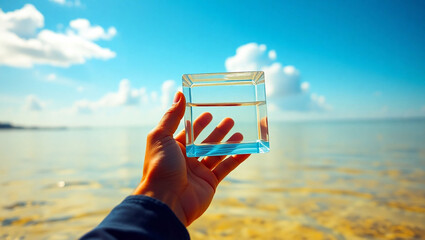 Hand holds a clear glass cube of water against a serene ocean and blue sky