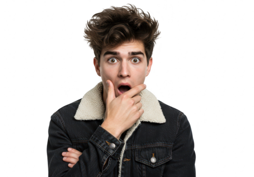 Young man with messy hair reacts with shock and surprise, touching his chin with his hand and eyes wide open, isolated on transparent background