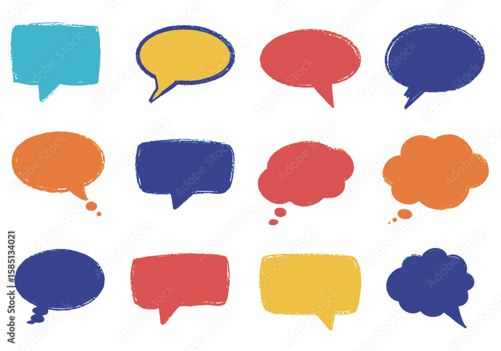 Poster twelve colorful speech bubbles of various shapes with rough textured edges against a white backgroun
