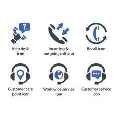 Help desk, Incoming outgoing call, Recall, Customer care point, Worldwide service, Customer service, icon