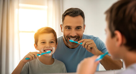 Father and son brushing their teeth together in front of a mirror. Dental hygiene and family morning routine.