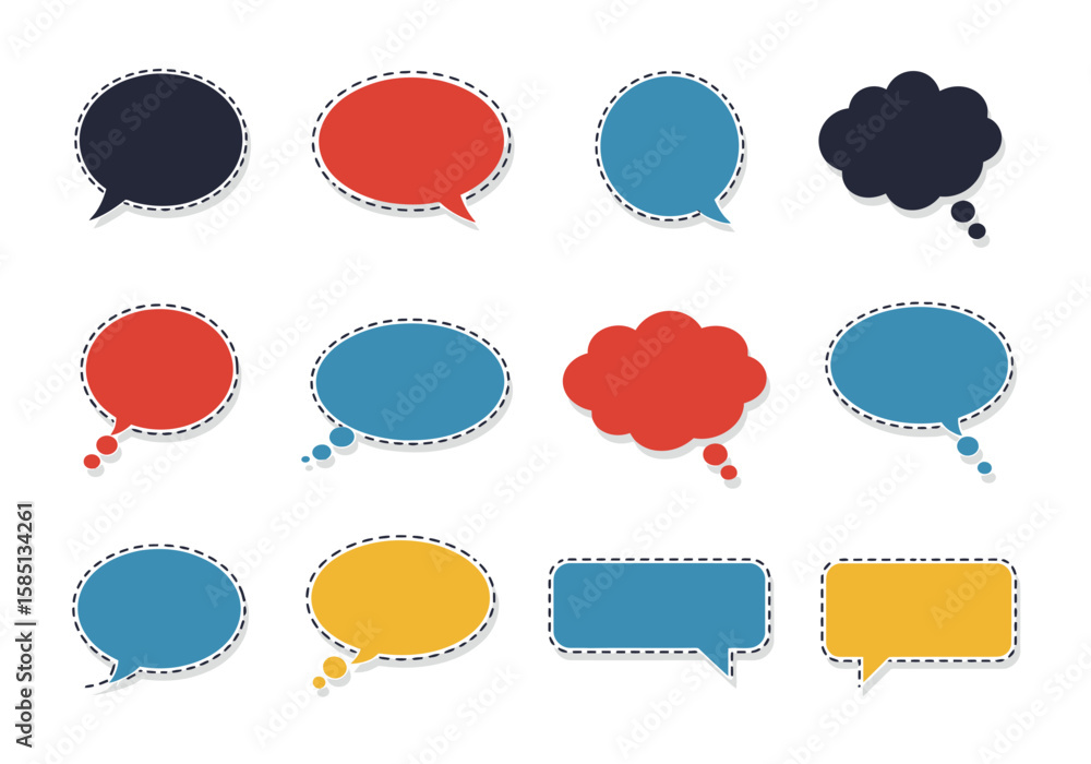 Poster twelve speech bubbles in varying shapes colors with dashed outlines