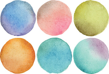 Colorful textured watercolor circles with dot pattern on white background