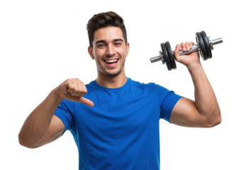 Fit young man in a blue tshirt smiles confidently while holding a dumbbell and giving a thumbs down, isolated on transparent background