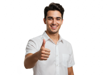 Smiling young man in a white shirt gives a thumbs up gesture, conveying positivity and approval, isolated on transparent background