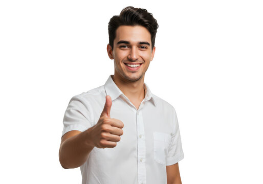 Smiling young man in a white shirt gives a thumbs up gesture, conveying positivity and approval, isolated on transparent background