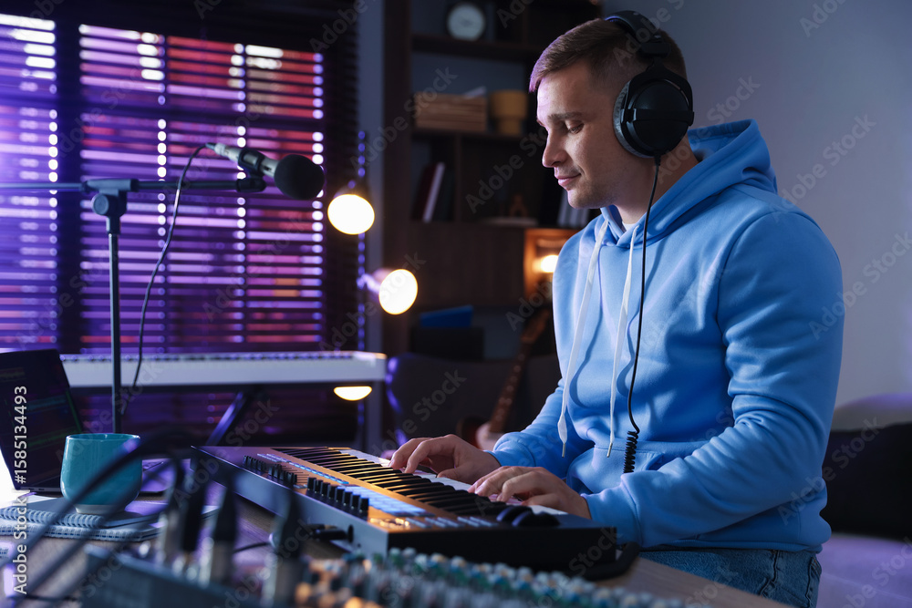 Poster man in headphones working with midi keyboard at table in home studio