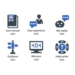 User manual, User experience, Bot replay, Guidance, 404 error, Help center, icon