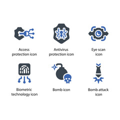 Access protection, Antivirus protection, Eye scan, Biometric technology, Bomb, Bomb attack, icon