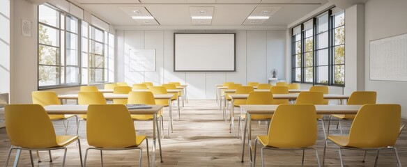 The modern classroom featuring bright yellow chairs and a spacious layout.