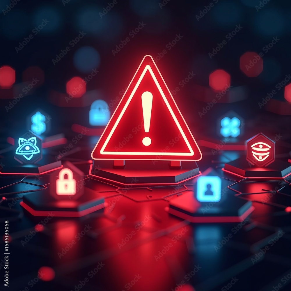 Poster cybersecurity threat and data breach warning concept with glowing red alert symbol on digital networ