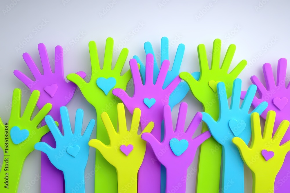 Poster colorful hands with heart shapes symbolizing unity and love create a vibrant community feel depictin
