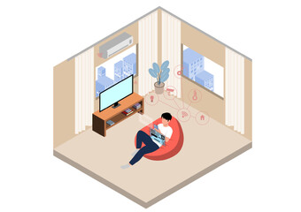 Isometric illustration of a man using a tablet to control smart home devices. Cozy modern living room with icons showing temperature, lights, and security controls.,Modern isometric vector flat design