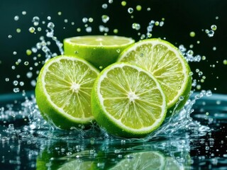 Vibrant Fresh Lime Slices with Splashing Water Drops Still Life