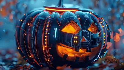 Futuristic glowing pumpkin with circuit board design and bright orange light creating spooky high tech Halloween atmosphere with neon patterns - Powered by Adobe