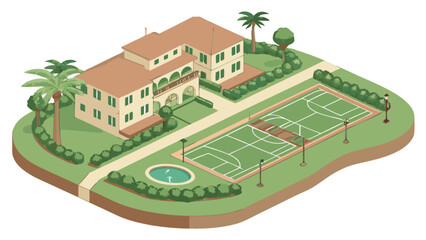 Isometric luxury villa with tennis court and pool estate illustration for real estate and architecture design