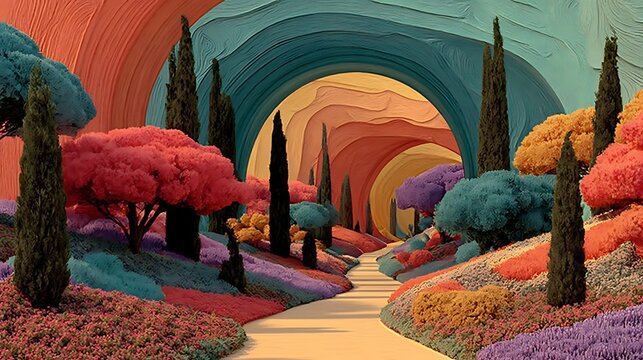 Stylized fantasy garden with sweeping ribbon layers and floral bursts across 3D pastel fields