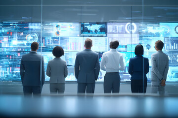 A group of professionals viewing data screens in a modern control center, back view, facing the monitors .