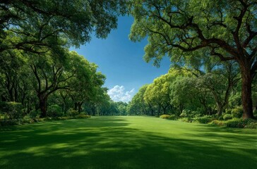 Obraz premium Serene Lush Green Park Landscape: Picturesque Avenue of Majestic Trees, Vibrant Flora, and Sunny Sky in a Tranquil Outdoor Setting.