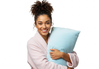 A happy young woman with curly hair in a pink robe smiles warmly while hugging a soft blue pillow, isolated on a transparent background