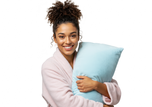 A happy young woman with curly hair in a pink robe smiles warmly while hugging a soft blue pillow, isolated on a transparent background