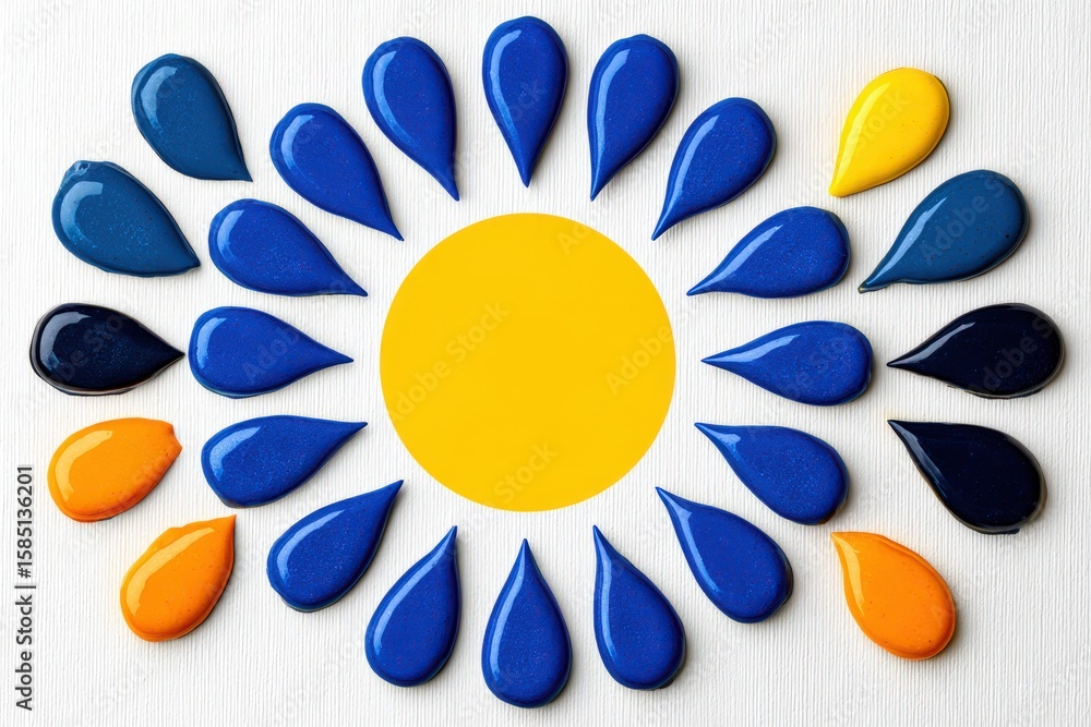 Aufkleber artistry of colorful liquid drops arranged in a circular pattern with a bright yellow center symboli
