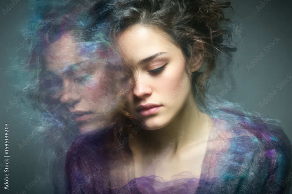 Poster intricate portrayal of a thoughtful young woman reflecting in a haze of color and emotion captured i