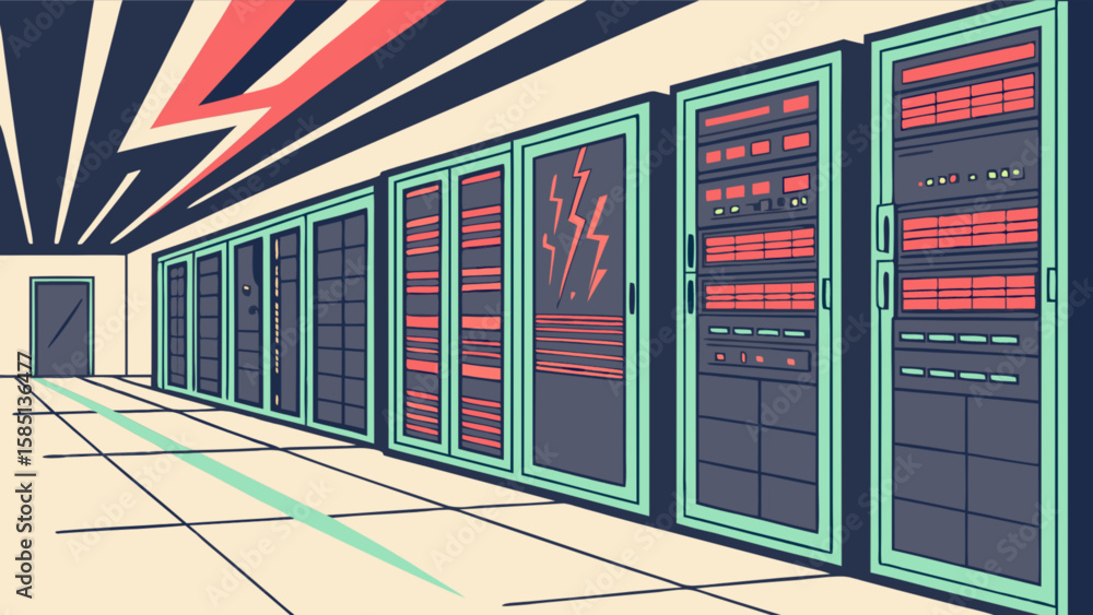 Poster data center server room illustration for cloud computing and network infrastructure use cases and ap