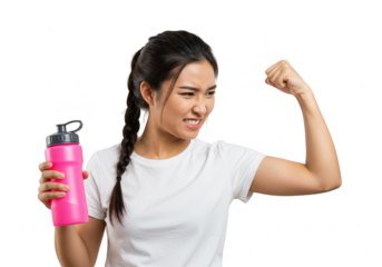 A young asian woman with a braid and white tshirt flexes her bicep while holding a pink water bottle, looking determined, isolated on a transparent background