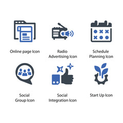 Online page, Radio Advertising, Schedule Planning, Social Group, Social Integration, Start Up, icon