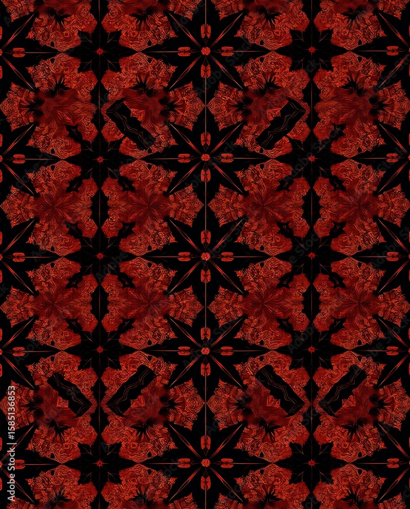Poster complex fractalized ornamental pattern with dark red shades and stars