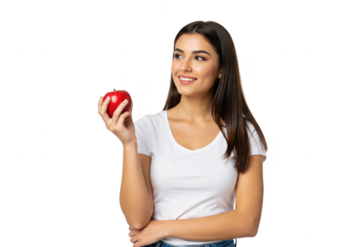A smiling woman holds a fresh red apple isolated on a transparent background