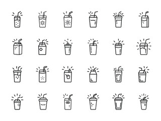 Hand-Drawn Beverage Cup and Juice Box Icons Collection - Black and White Line Art Drink Illustrations for Cafe Menus, Food Service Apps, Restaurant Branding, and Beverage Design Projects