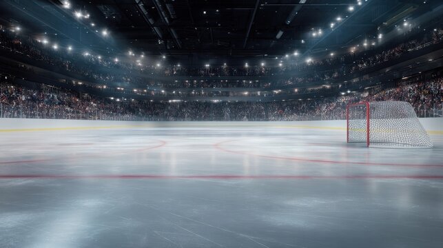 The empty hockey rink illuminated for a thrilling sports event