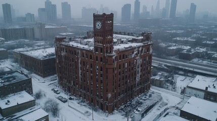 Aerial view of a decaying, brick apartment building in winter snow
