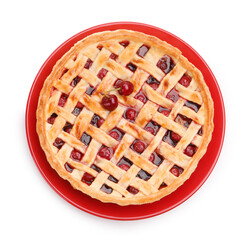 Tasty cherry pie isolated on white, top view