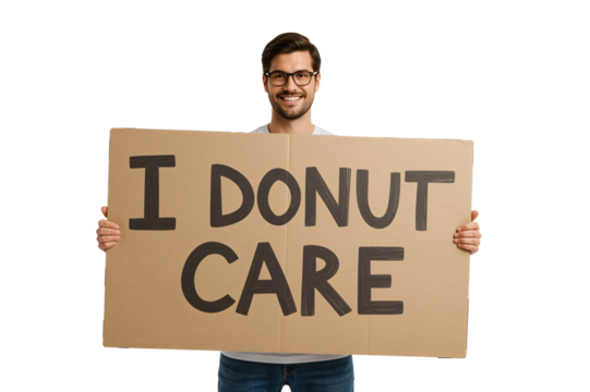 Man holds "I Donut Care" sign; studio shot