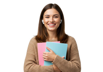 Naklejka premium A smiling young woman holding two books, wearing earphones, isolated on transparent background