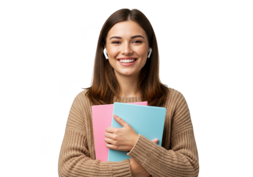 A smiling young woman holding two books, wearing earphones, isolated on transparent background