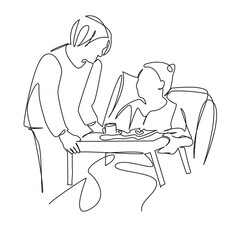 One continuous single drawing line art flat doodle nurse, patient, care, service, tray, food, woman, hospital, medicine, health. Isolated image hand draw contour on a white background, hand drawn, not