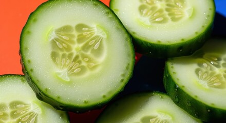 Refreshing Cucumber Slices on a Vibrant Orange Blue Background