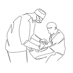 One continuous single drawing line art flat doodle doctor, patient, blood, adult, senior adult, care, blood sampling, analysis. Isolated image hand draw contour on a white background, hand drawn, not 